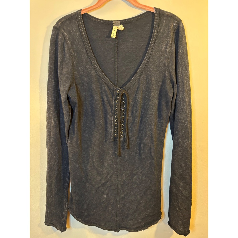 We The Free People Black Scoop Neck Lace Up Long Sleeve Top L